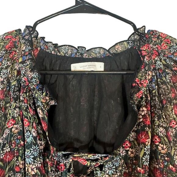 Lucky Brand Brown Floral Lace Up Front Tassel Boho Stylish Blouse Women Sz S - Picture 4 of 10